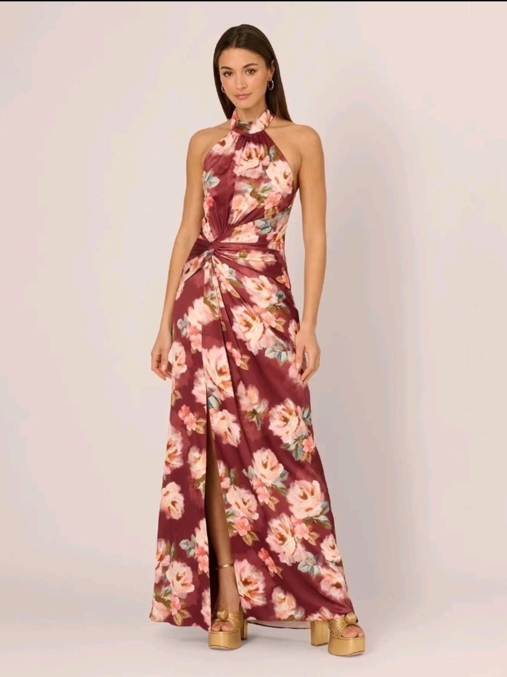 Adrianna Papell Burgundy Floral Halter Maxi Dress